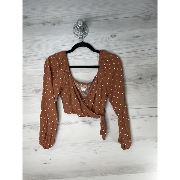 Aeropostale Wrap Top Womens Small Brown Polka Dot Long Sleeve Tie Front Crop - Picture 1 of 10